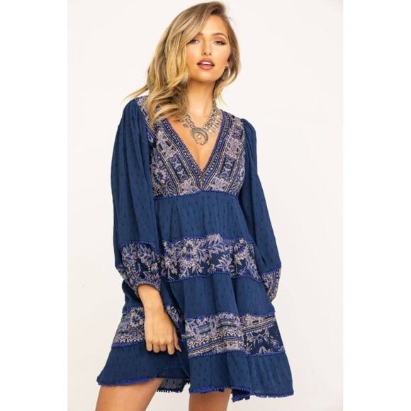 Free People Dresses & Skirts - Free People XS Blue V-neck Tunic Mini Dress Sexy Babydoll Flowy Boho Festival